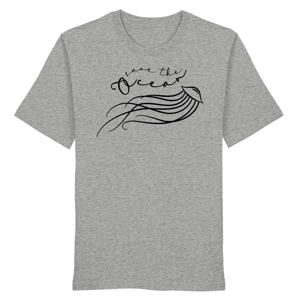 Vegan und Bio Unisex Shirt: Jellyfish - Save the Ocean, heather-graues T-Shirt mit schwarzem Save the Ocean-Slogan und stilisierter Qualle, aus 100 % Bio-Baumwolle.