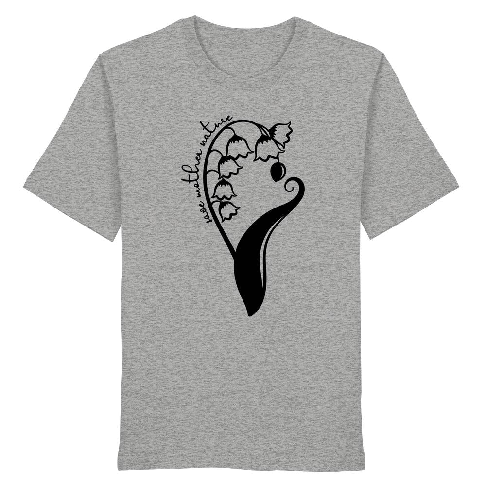 Vegan und Bio Unisex Shirt: Save Mother Nature with Flower Power; heather-graues T-Shirt mit Maiglöckchen-Grafik und „save mother nature“-Schriftzug, aus 100% Bio-Baumwolle.