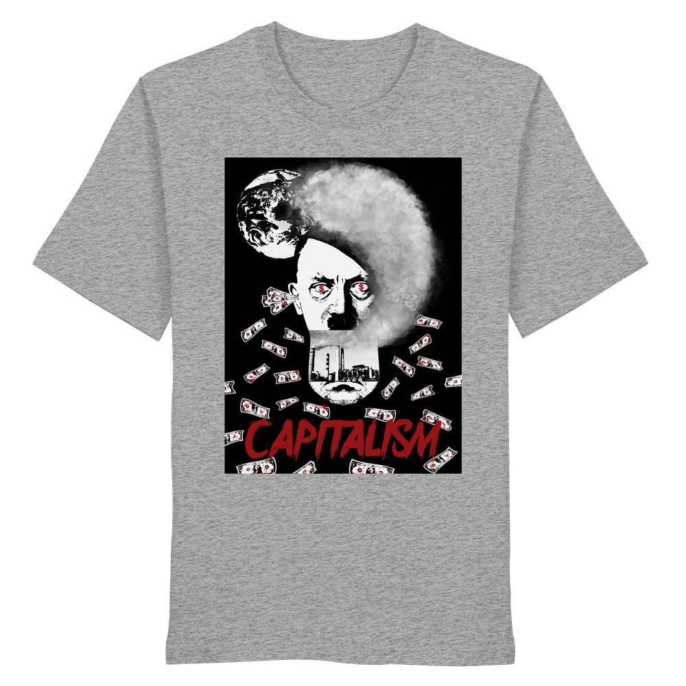 Heathergraues T-Shirt mit provokantem Druck: Hitlerähnliches Gesicht, Industrie- und Umweltmotive, CAPITALISM in Rot. Unisex, 100% Bio-Baumwolle, rebellisches Design von RUDE REBEL.