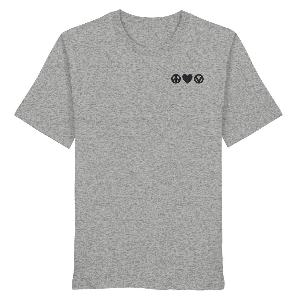 Unisex Bio-Shirt Peace - Love - Veganism in hellgrau, kurze Ärmel, Rundhals, dezenter Druck mit Friedenszeichen, Herz und Vegan-Symbol, hergestellt aus 100% Biobaumwolle.