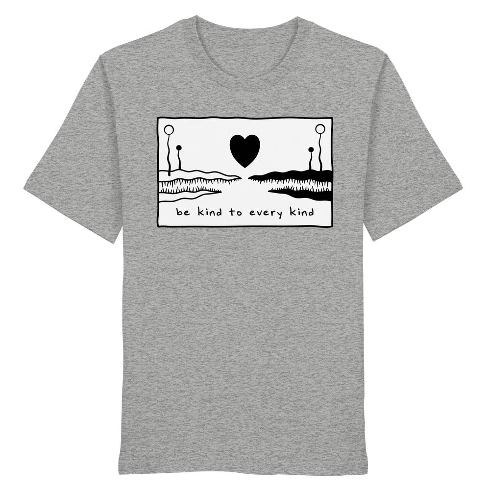 Vegan und Bio Unisex Shirt: Be kind to every kind, mit schwarzem Herz zwischen spiegelbildlichen Zacken auf heather-grauem Baumwollstoff, fördert Mitgefühl und Frieden.