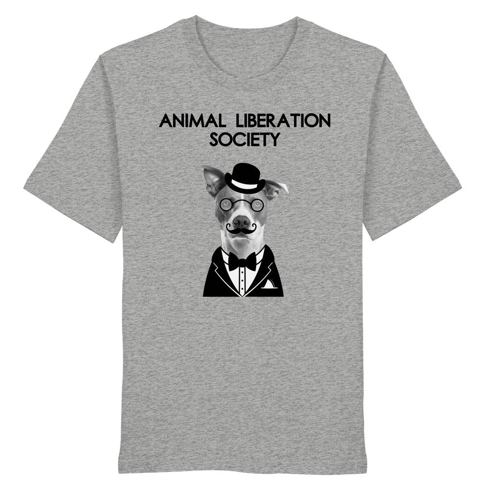 Vegan und Bio Unisex Shirt: Mr. Dog - Animal Liberation Society, zeigt einen stilvollen Hund im viktorianischen Stil, inspiriert von Tierrechten und nachhaltiger Mode.