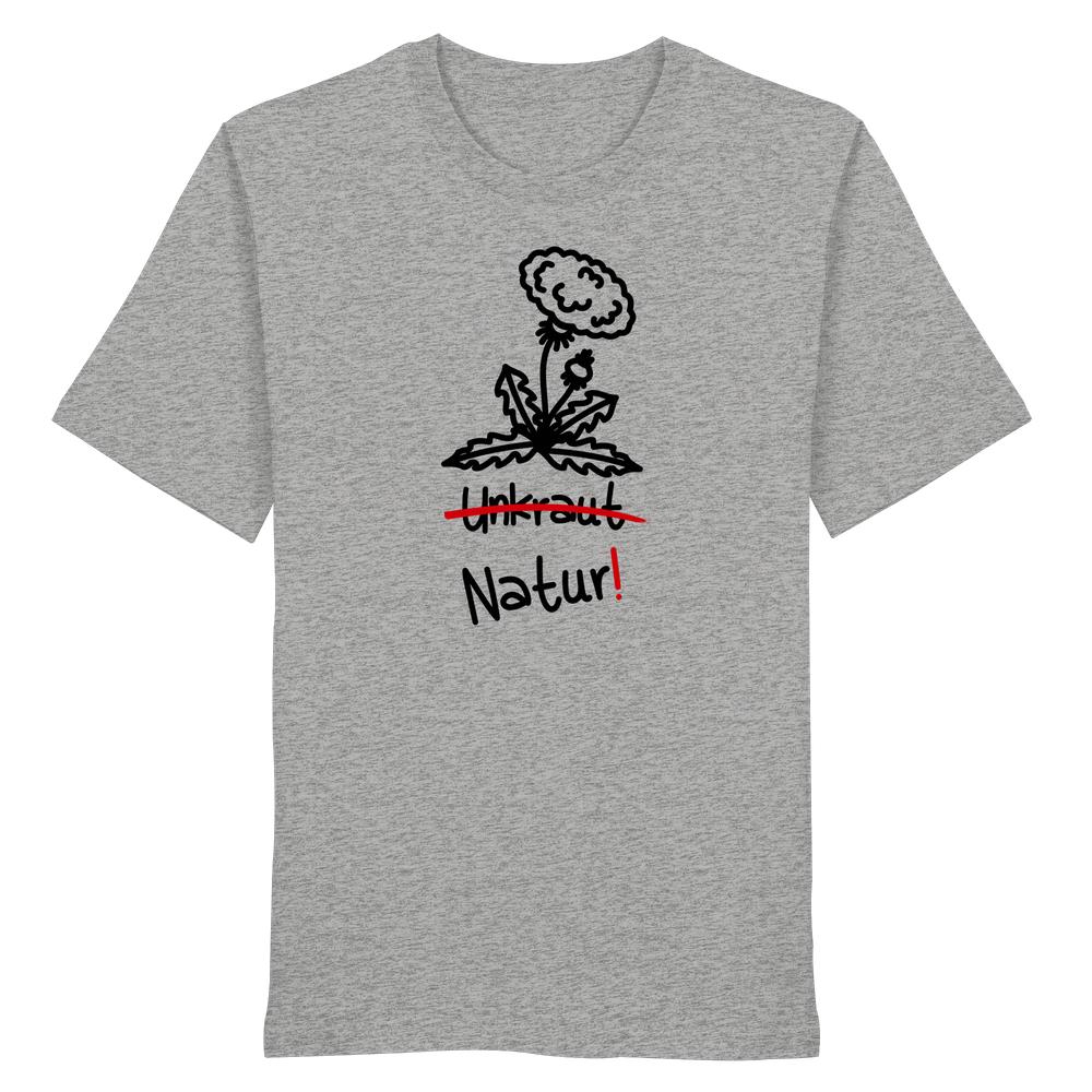 Vegan und Bio Unisex Shirt: Löwenzahn, heather-grau, mit handgezeichnetem Löwenzahnmotiv, Unkraut durchgestrichen, Natur! in Rot. 100% Bio-Baumwolle, normale Passform.