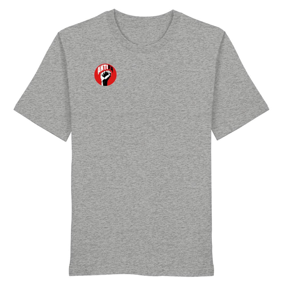 Vegan und Bio Unisex Shirt: Antifa - Gemeinsam gegen Rechts, hellgrau mit rotem Logo und erhobener Faust auf der Brust, aus 100 % Bio-Baumwolle.
