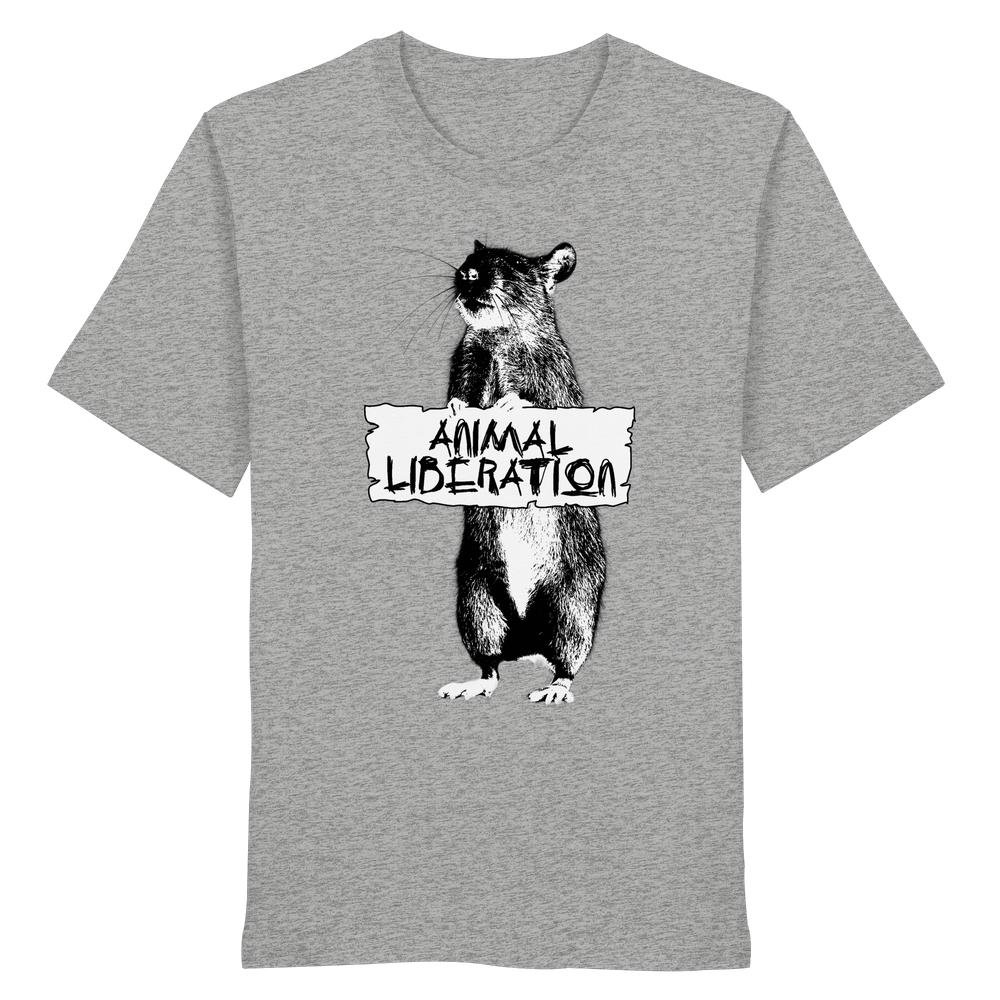 Vegan und Bio Unisex Shirt: Rat for Animal Liberation, heather-graues T-Shirt mit Schwarz-Weiß-Print eines Nagetiers, das ein ANIMAL LIBERATION-Schild hält, inspiriert von Banksy.