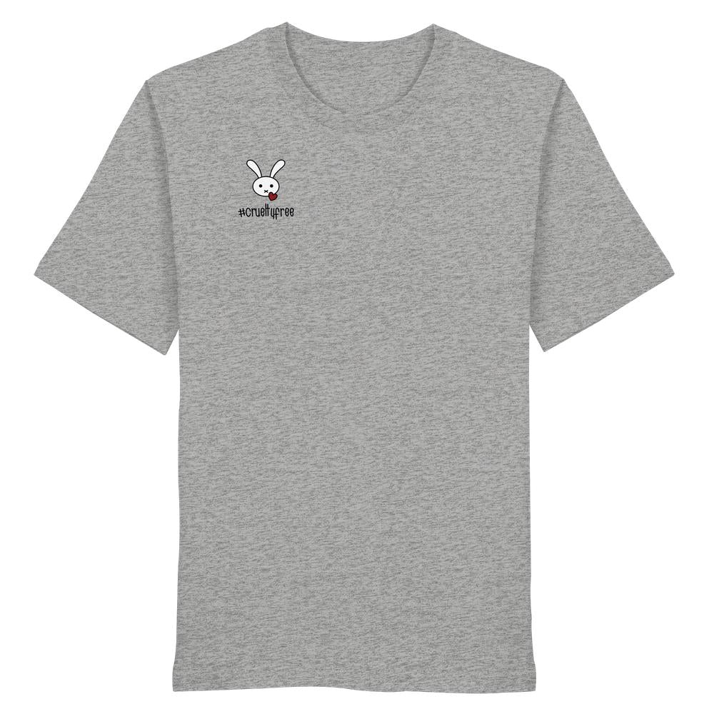 Vegan und Bio Unisex Shirt: Crueltyfree Bunny in Heather-Grau mit kleinem Hasenmotiv und #crueltyfree Text, betont vegane Ethik und nachhaltige Mode von RUDE REBEL.