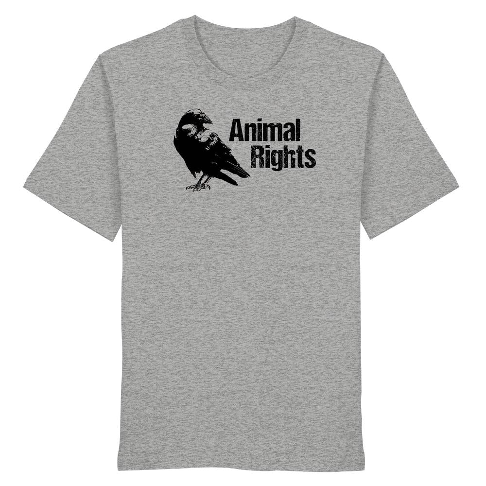 Heather-graues T-Shirt mit schwarzem Raben-Grafik und Animal Rights-Text, aus 100% Bio-Baumwolle, normale Passform, von RUDE REBEL.