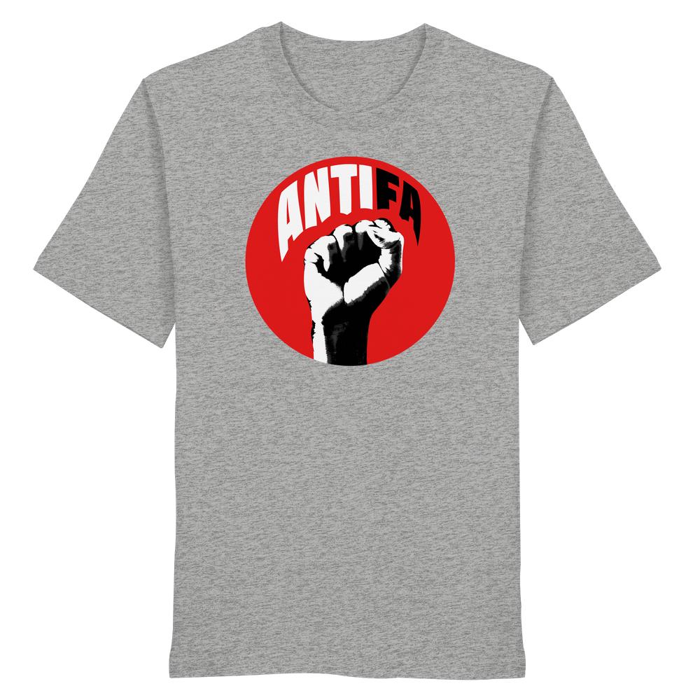 Heather-graues T-Shirt mit rotem Kreis und stilisierter Faust, ANTIFA-Schriftzug. Vegan und Bio Unisex Shirt: Antifa - Kampf gegen Rechts, aus 100% Bio-Baumwolle.