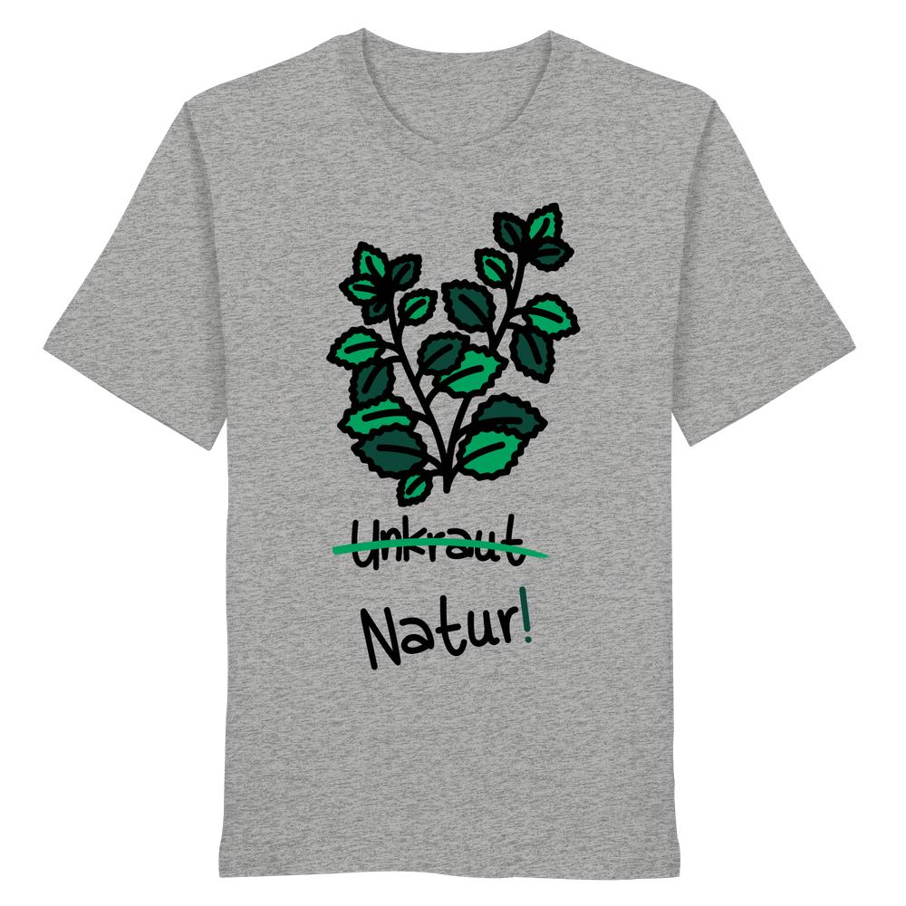Vegan und Bio Unisex Shirt: Brennnessel - Naturschutz zeigt handgezeichnete Blätter und den durchgestrichenen Schriftzug „Unkraut“, ersetzt durch „Natur!“ auf heather-grauem T-Shirt.
