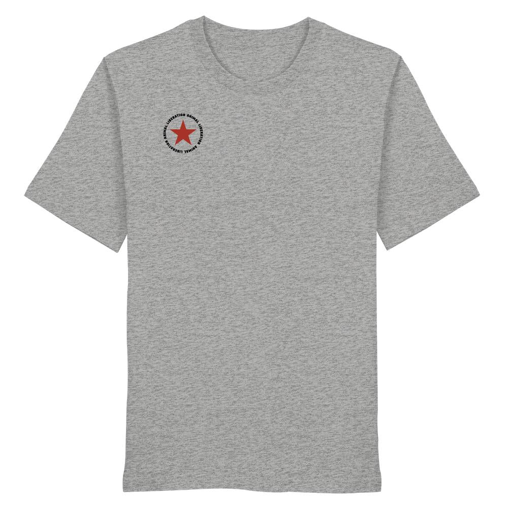 Unisex T-Shirt in Heather-Grau mit kleinem, rotem Stern-Logo Animal Liberation auf der Brust. Nachhaltig, vegan und aus Bio-Baumwolle, von RUDE REBEL.
