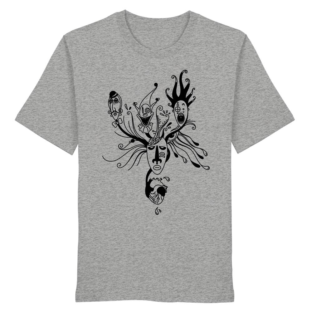 Heather-graues Unisex-Shirt mit surrealem, schwarzen Gesichtsdruck. Design thematisiert „Mental Health - Behind the Mask...“. Aus Bio-Baumwolle, normale Passform, kreative Tendenzen.