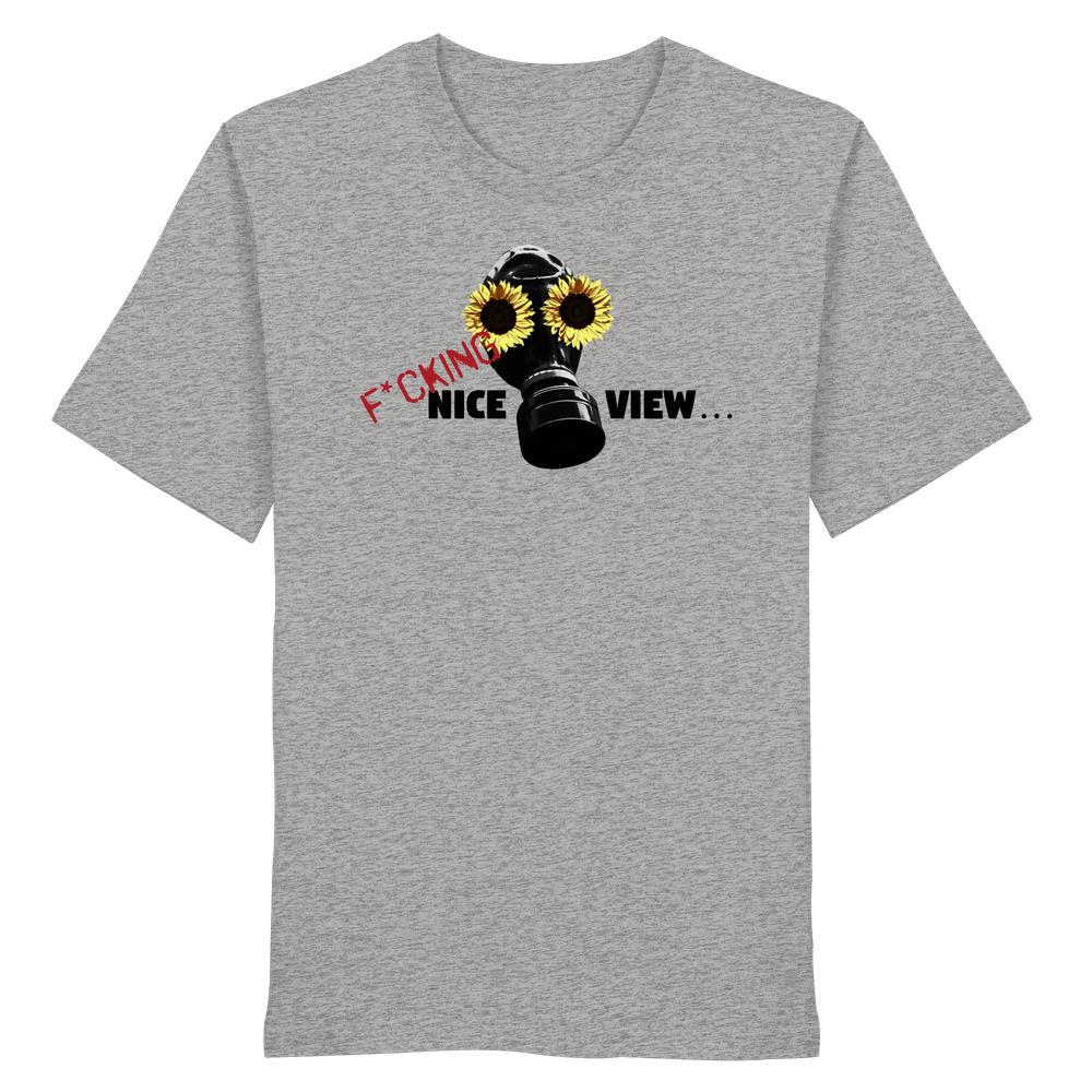 Vegan und Bio Unisex Shirt: Sunflower Mask - F*cking nice view..., heather-graues T-Shirt mit schwarzer Gasmaske und Sonnenblumen, rebellisches Design von RUDE REBEL.