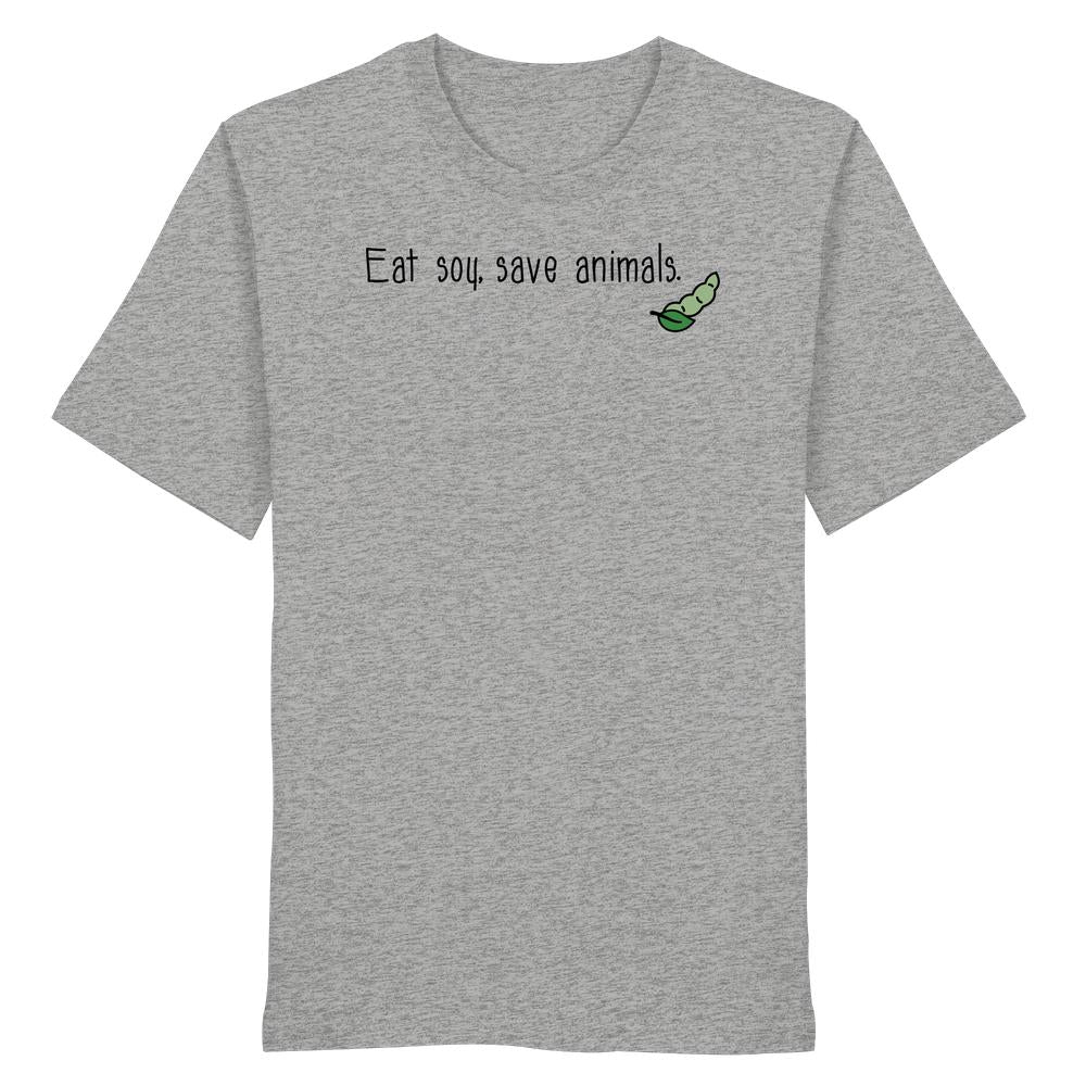 Vegan und Bio Unisex Shirt: Hellgraues T-Shirt mit Eat soy, save animals. Slogan und grünem Erbsen-Design, aus 100 % Bio-Baumwolle, normaler Schnitt.
