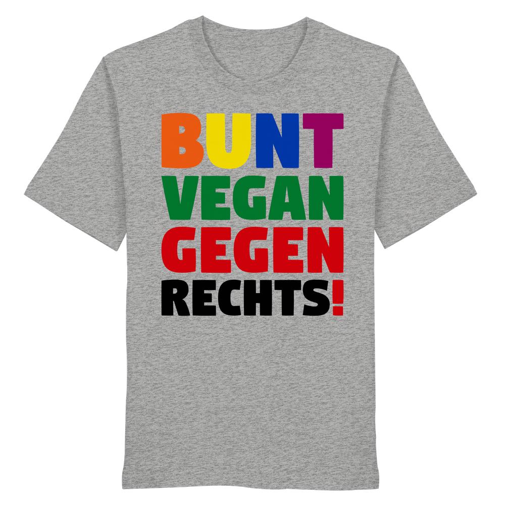Heather-graues T-Shirt mit dem Slogan BUNT VEGAN GEGEN RECHTS!, verkörpert vegane und nachhaltige Werte von RUDE REBEL. Bio-Baumwolle, normale Passform.