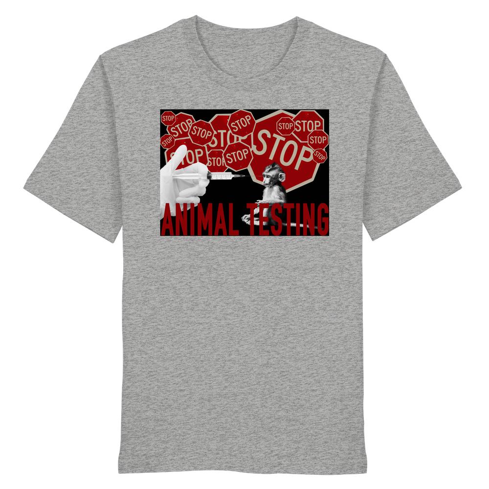 Heather-graues T-Shirt mit STOP ANIMAL TESTING!-Design, zeigt eine Spritze, Affen und rote STOP-Schilder. Aus Bio-Baumwolle, rebellisch und vegan, von RUDE REBEL.