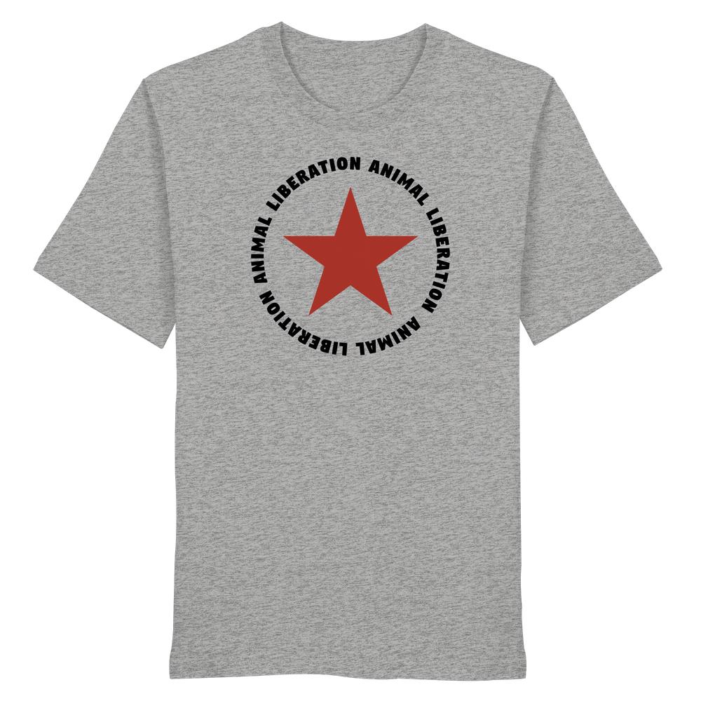 Heather-graues T-Shirt mit rotem Stern und ANIMAL LIBERATION-Schriftzug. Vegan und Bio Unisex Shirt: Red Star and Animal Liberation. 100% Bio-Baumwolle, normale Passform.