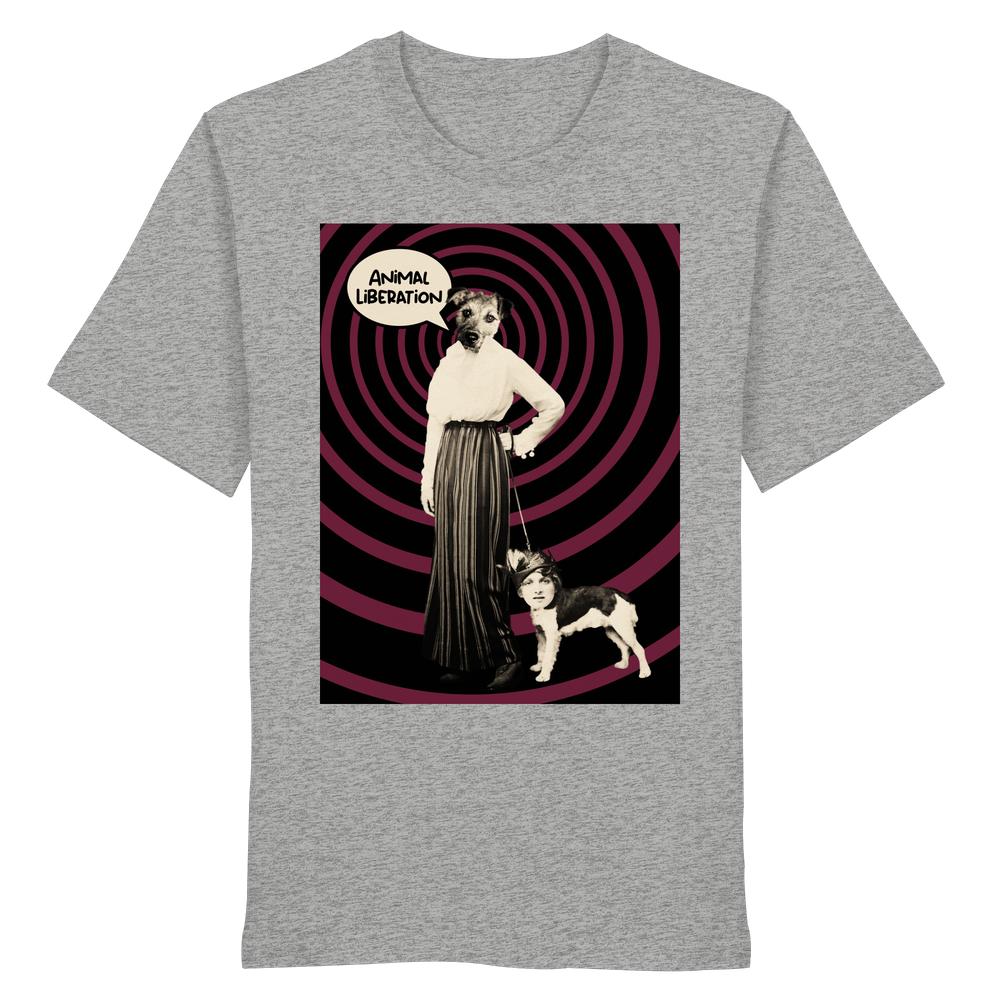 Vegan und Bio Unisex Shirt: Upside Down - Animal Liberation mit surrealem Spiral-Motiv, Frau mit Hundekopf und Hund mit Menschenkopf, inspiriert von Tierrechtsgedanken.