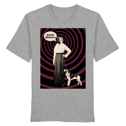 Vegan und Bio Unisex Shirt: Upside Down - Animal Liberation mit surrealem Spiral-Motiv, Frau mit Hundekopf und Hund mit Menschenkopf, inspiriert von Tierrechtsgedanken.