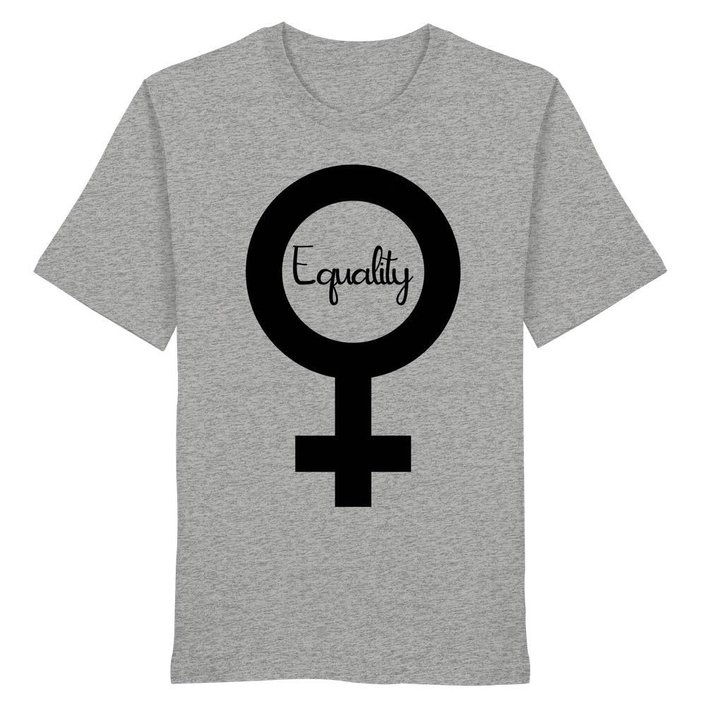 Vegan und Bio Unisex Shirt: Feminismus - Der Kampf um Gleichberechtigung, zeigt ein schwarzes Venus-Symbol mit dem Wort Equality auf einem heather-grauen T-Shirt aus Bio-Baumwolle.