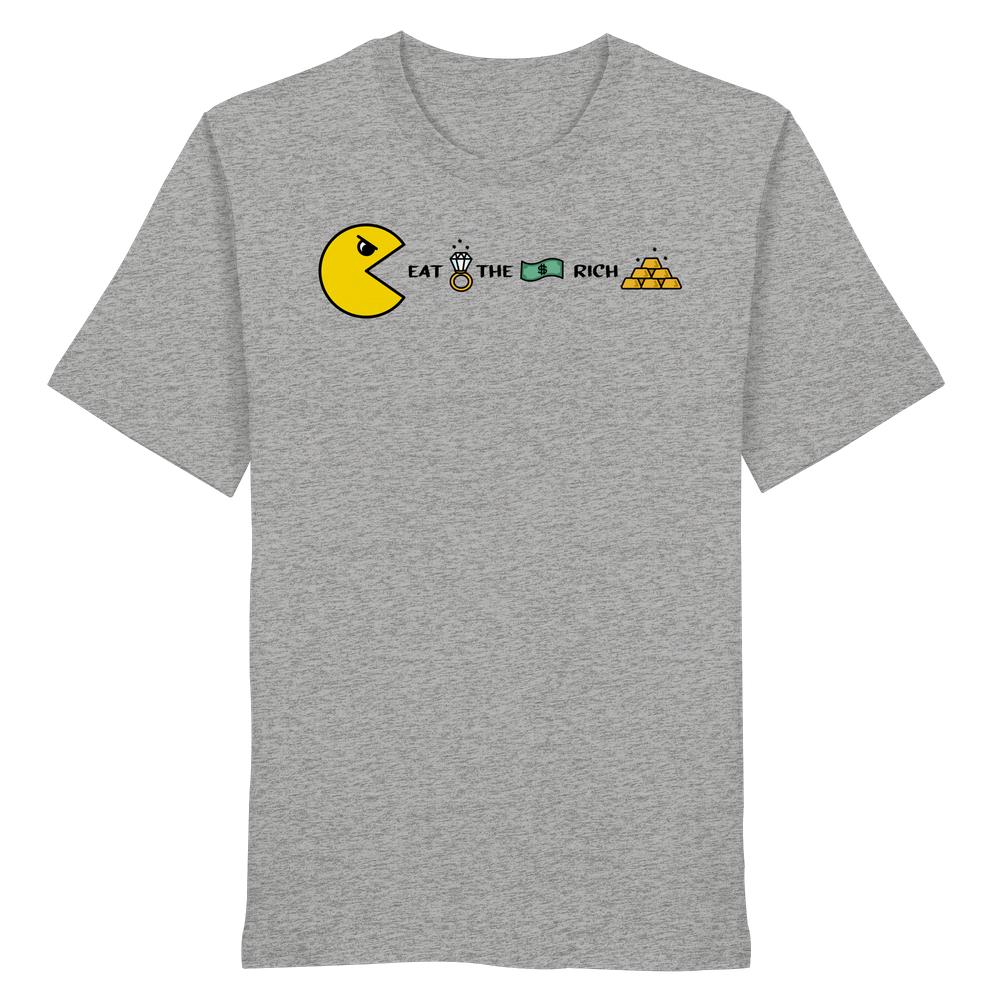 Vegan und Bio Unisex Shirt: PAC-MAN - Eat the rich, hellgrau mit Grafiken: Pac-Man-Gesicht und Symbole für EAT THE RICH. 100% Bio-Baumwolle.