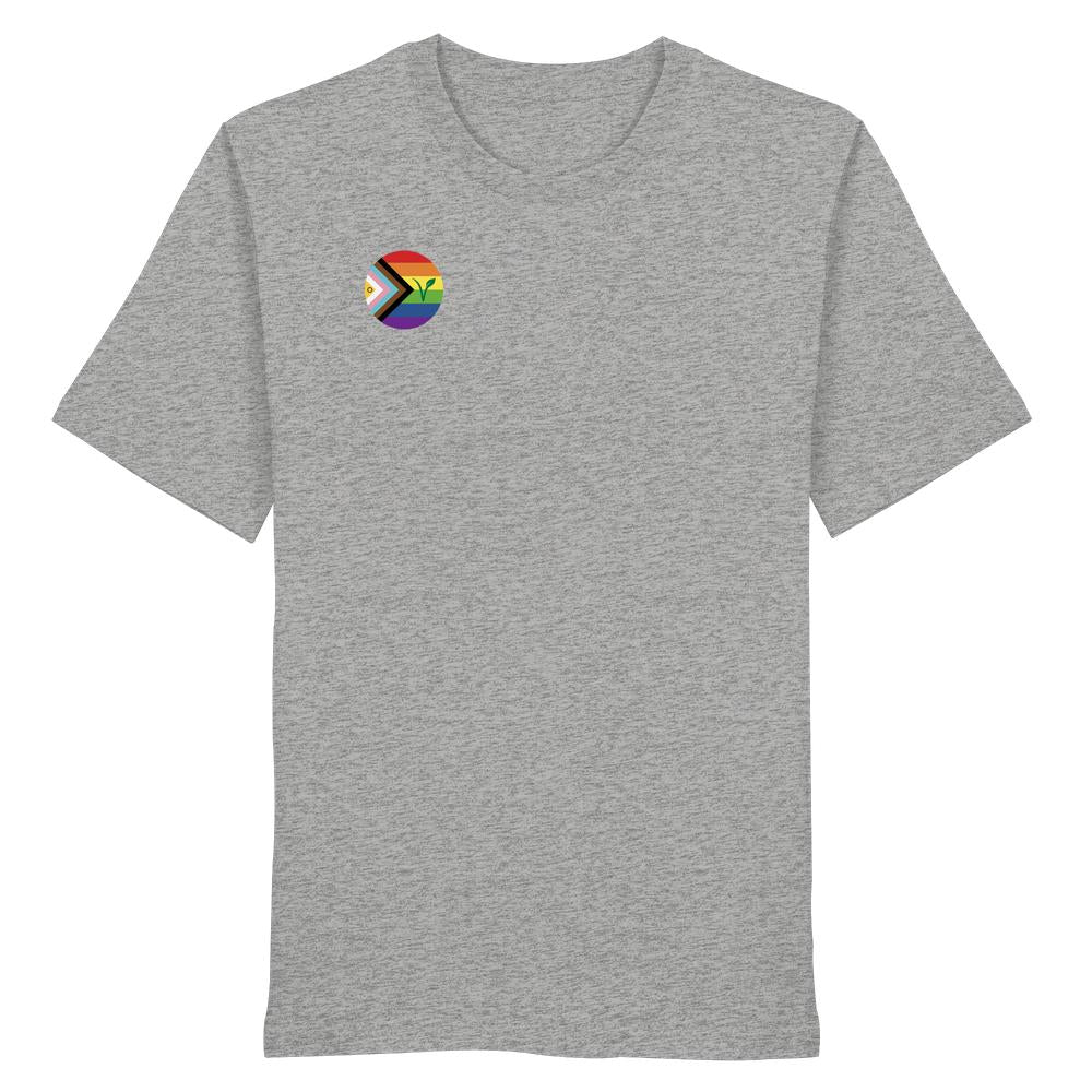 Vegan und Bio Unisex Shirt: LGBTQIA+ VEGAN, graues T-Shirt mit progressivem Pride-Kreisemblem links auf der Brust, aus 100 % Bio-Baumwolle, normale Passform.