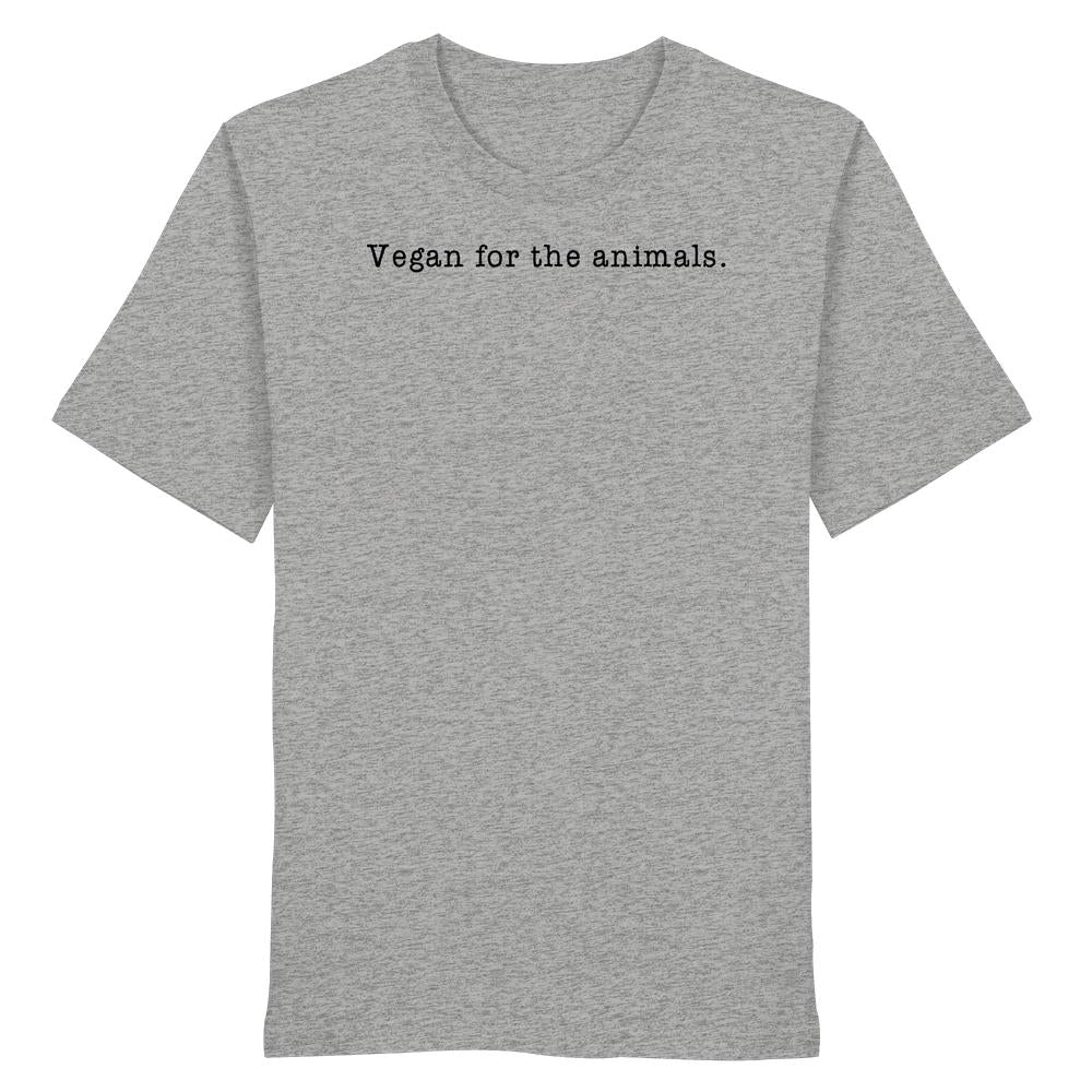 Heathergraues T-Shirt mit Aufdruck Vegan for the animals. in Schreibmaschinenstil. Hergestellt aus 100% Bio-Baumwolle. Teil der veganen und nachhaltigen Kollektion von RUDE REBEL.