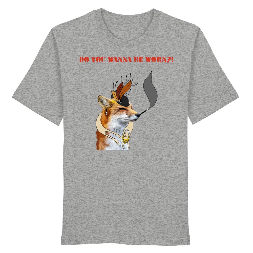 Vegan und Bio Unisex Shirt: Mrs. Fox mit rauchender Zigarette, federndem Hut, humorvollem Grafikdesign gegen Pelz, repräsentiert tierische Rebellion der Animal Liberation Society.