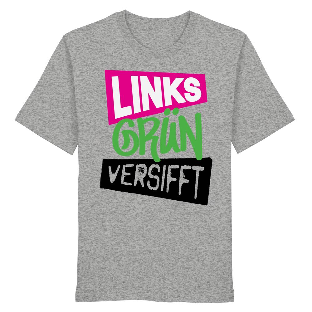 Heather-graues T-Shirt mit Slogan „LINKS GRÜN VERSIFFT“ in auffälliger Schrift. Vegan und Bio Unisex Shirt, 100% Bio-Baumwolle, normaler Schnitt.