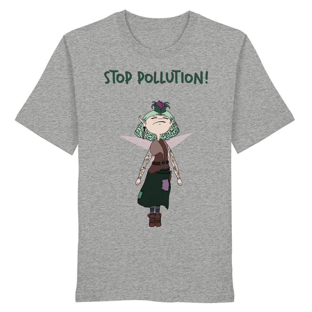 Vegan und Bio Unisex Shirt: STOP POLLUTION! - Krawall Fee mit grünen Haaren, Blumenhut, pinken Flügeln, Tattoos und grün-braunem Outfit auf heather-grauem Hintergrund.