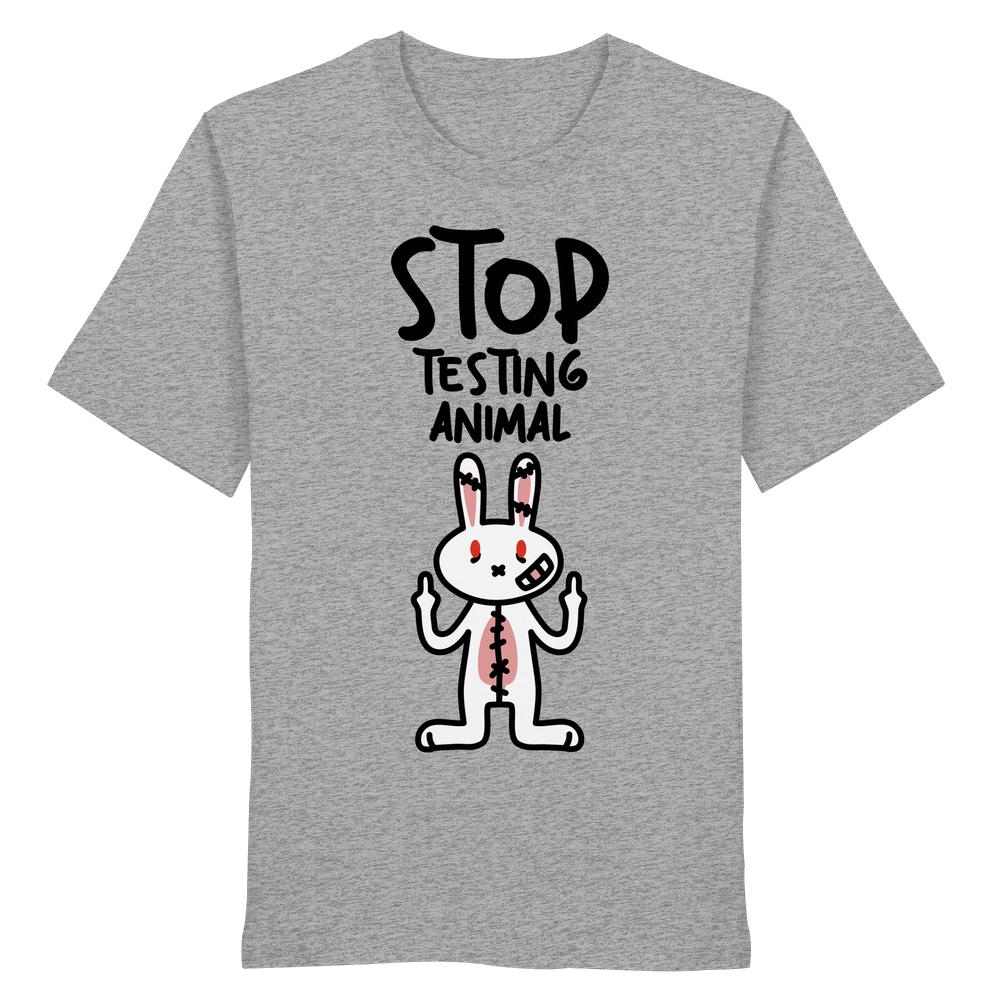 T-Shirt Vegan und Bio Shirt: Angry Rabbit - Animal Rights mit Cartoon-Hase, der gegen Tierversuche protestiert. Slogan STOP TESTING ANIMAL. Bio-Baumwolle, normale Passform.