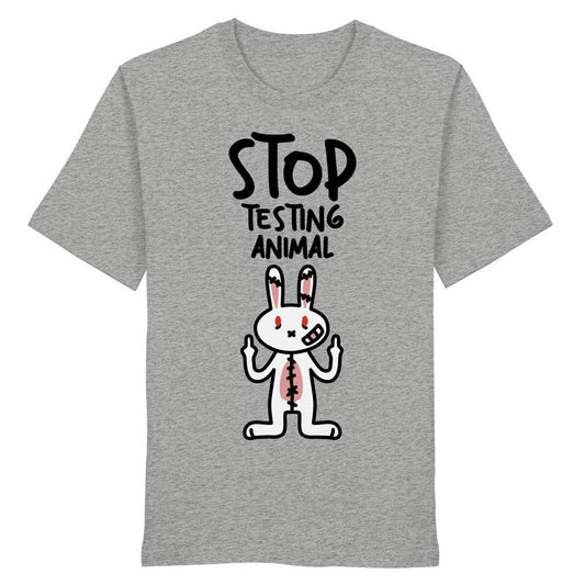 T-Shirt Vegan und Bio Shirt: Angry Rabbit - Animal Rights mit Cartoon-Hase, der gegen Tierversuche protestiert. Slogan STOP TESTING ANIMAL. Bio-Baumwolle, normale Passform.