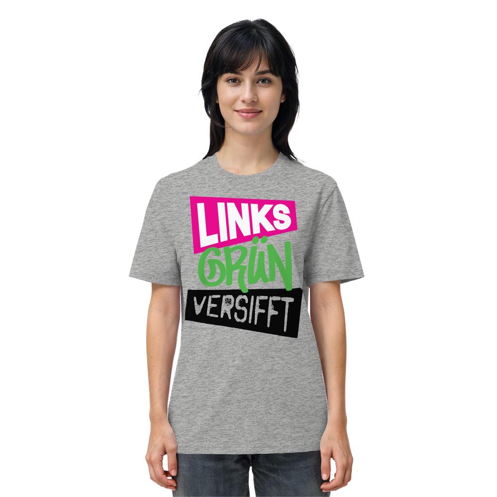 Frau trägt ein hellgraues T-Shirt mit dem Slogan Links-grün versifft in auffälligem Design. Bio-Baumwolle, normale Passform. Veganes, nachhaltiges Produkt von RUDE REBEL.