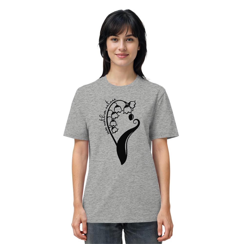 Frau trägt heather-graues Bio-T-Shirt mit botanischem Motiv und Rettet Mutternatur-Schriftzug. Produkt: Vegan und Bio Unisex Shirt: Save Mother Nature with Flower Power.
