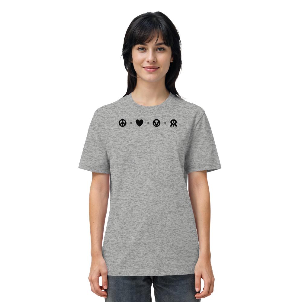 Frau trägt heather-graues T-Shirt Vegan und Bio Unisex Shirt: Peace - Love - Veganism - RUDE REBEL mit vier Symbolen: Peace-Zeichen, Herz, V, spiegelbildliches R.