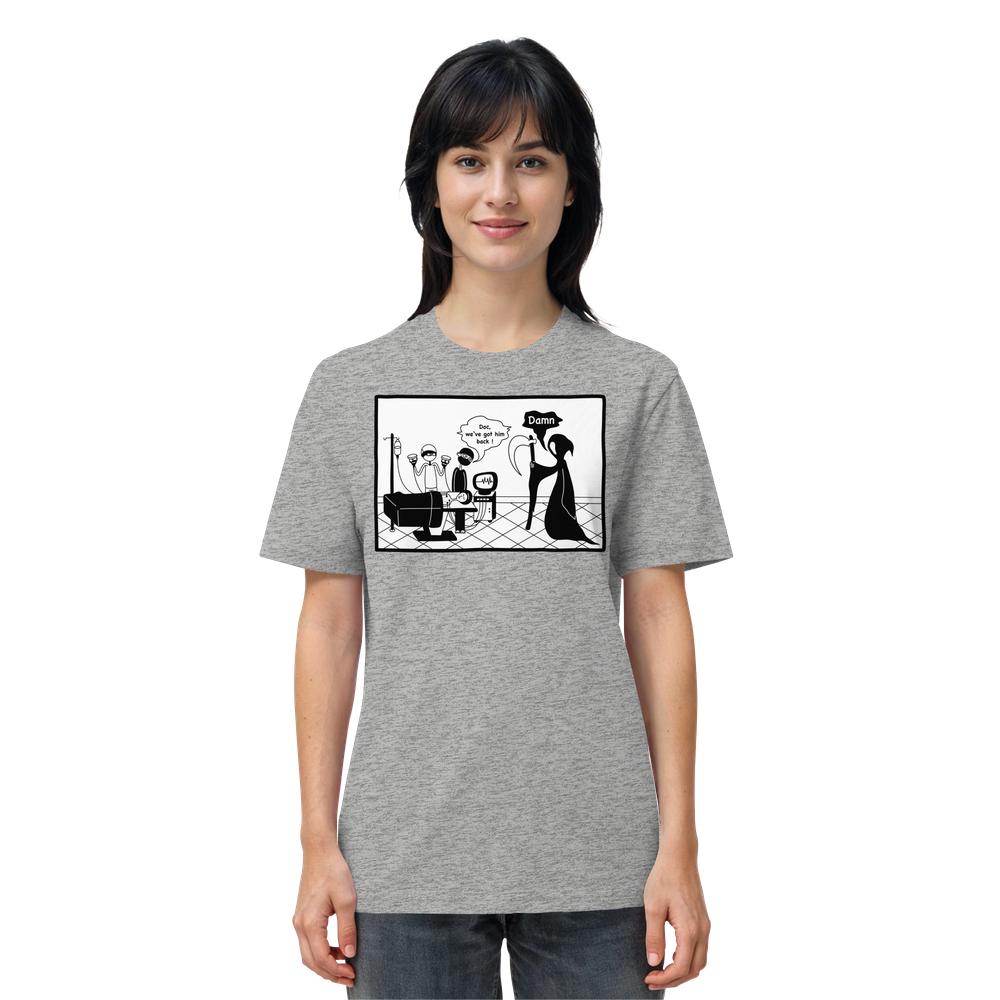 Vegan und Bio Unisex Shirt: Comicstripe - The Reaper zeigt eine enttäuschte Grim Reaper-Figur neben einem wiederbelebten Patienten, humorvoll rebellisch, 100 % Bio-Baumwolle.
