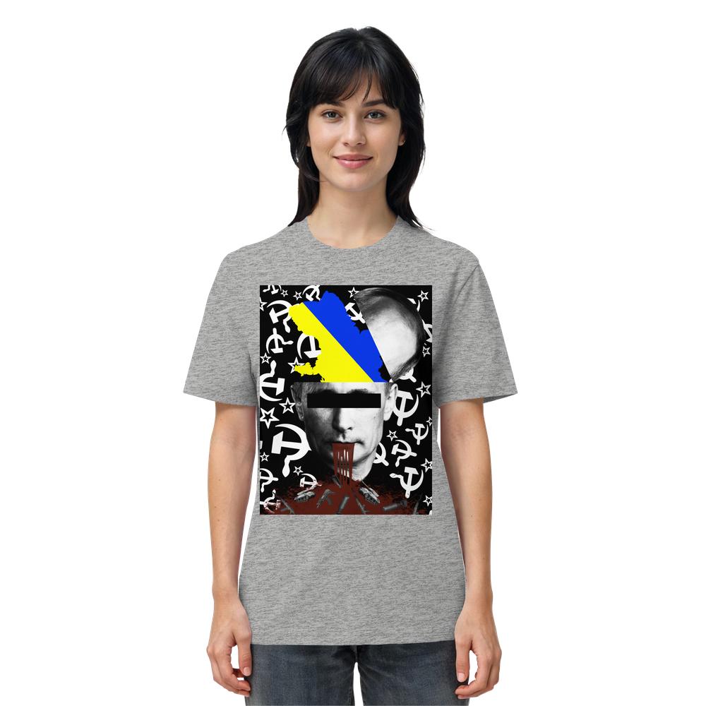 Vegan und Bio Unisex Shirt: STOP WAR IN UKRAINE! zeigt ein konfrontatives Design mit antiautoritärem Ausdruck, inspiriert von aktuellen Kriegen, aus biologischer Baumwolle gefertigt.