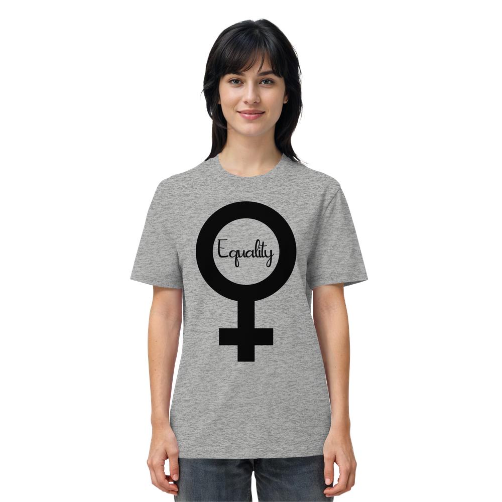 Person trägt ein graues T-Shirt mit großem schwarzen Venus-Symbol und dem Wort Equality, symbolisiert feministischen Kampf um Gleichberechtigung. Veganes, biologisch abbaubares Unisex-Shirt von RUDE REBEL.