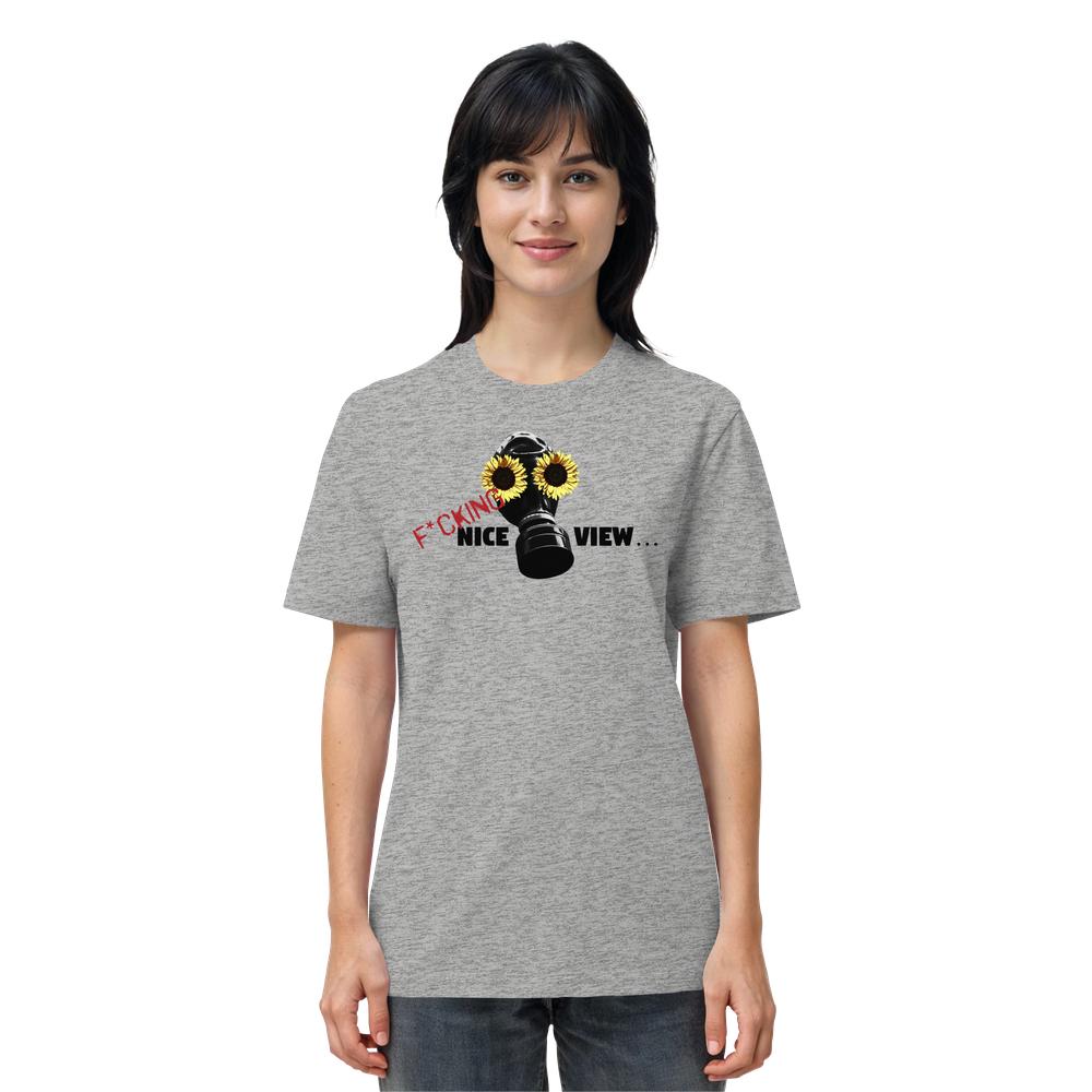 Vegan und Bio Unisex Shirt: Sunflower Mask - F*cking nice view... zeigt ein Gasmaske-Sonnenblumen-Design auf grauem T-Shirt, repräsentiert rebellische Nachhaltigkeit von RUDE REBEL.