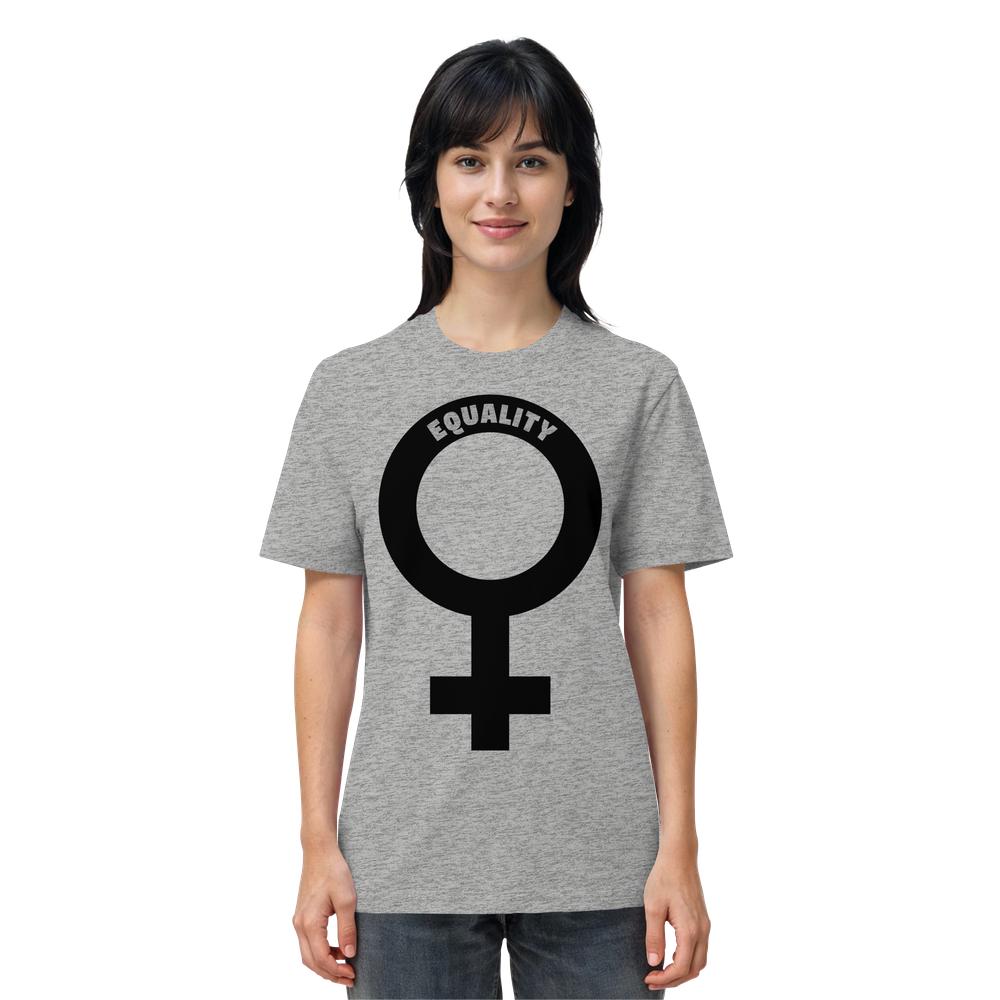Person trägt ein hellgraues T-Shirt mit großem schwarzen Venussymbol und „EQUALITY“-Schriftzug oben. Veganes Bio Unisex Shirt: Das Venussymbol - Feministisches Shirt mit fetten Lettern.