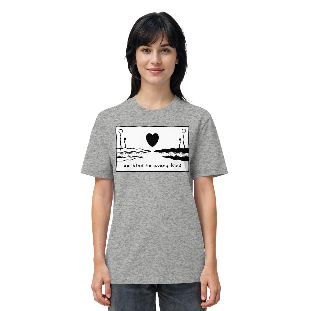 Unisex-Bio-T-Shirt mit heather-grauem Design, zeigt zwei wellige Erden mit Herz und Slogan be kind to every kind, aus Bio-Baumwolle von RUDE REBEL.