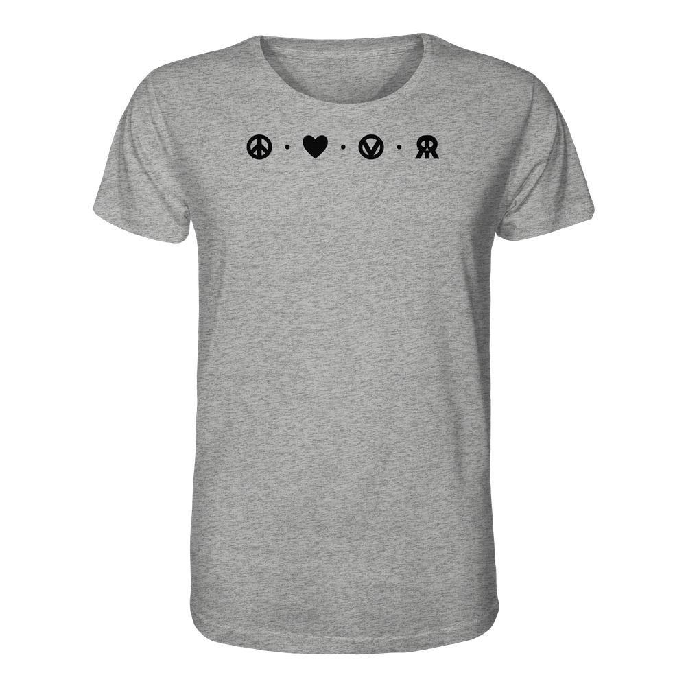 Heather-graues Unisex-Shirt mit Peace - Love - Veganism - RUDE REBEL Design: Friedenszeichen, Herz, veganer Kreis, Schleifen-Icon. Bio-Baumwolle, normale Passform.