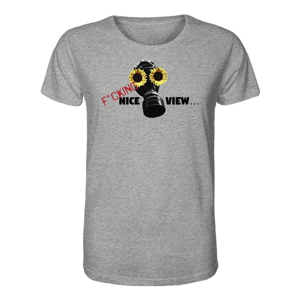 Heather-graues T-Shirt mit schwarzer Gasmaske, Sonnenblumen-Augen und Aufdruck „F*CKING NICE VIEW…“. Vegan und Bio Unisex Shirt: Sunflower Mask - F*cking nice view...