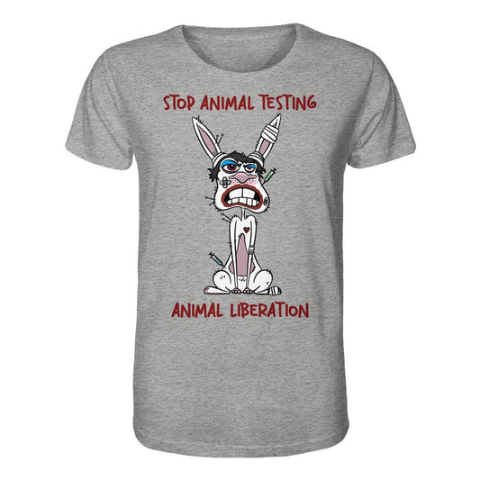 Heather-graues T-Shirt mit Cartoon-Hase, der von Spritzen durchstochen und bandagiert ist. Oben steht „Stop Animal Testing”, unten „Animal Liberation”. Veganes Bio-Shirt von RUDE REBEL.