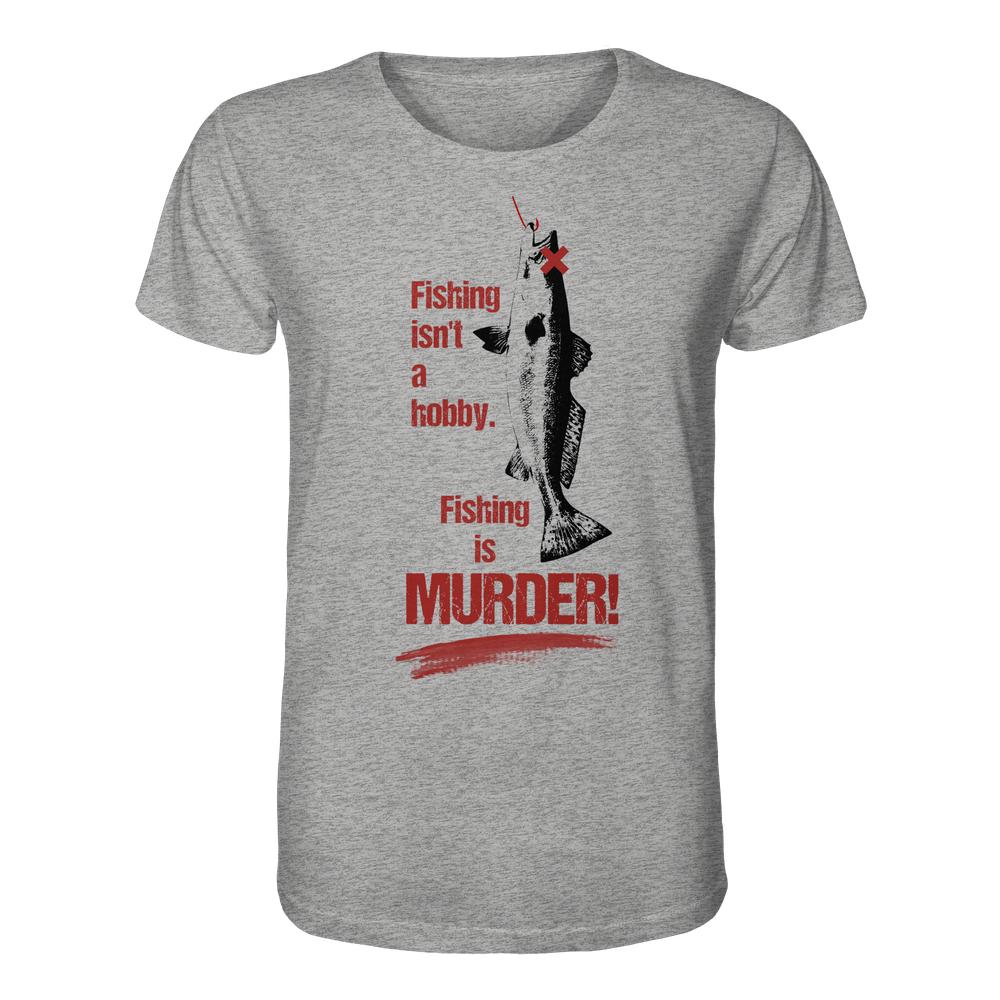 Unisex Bio-Shirt Fishing is MURDER! mit stilisiertem Fischgrafik und rotem Text, aus 100 % Bio-Baumwolle, von RUDE REBEL für Tierrechte und Nachhaltigkeit.