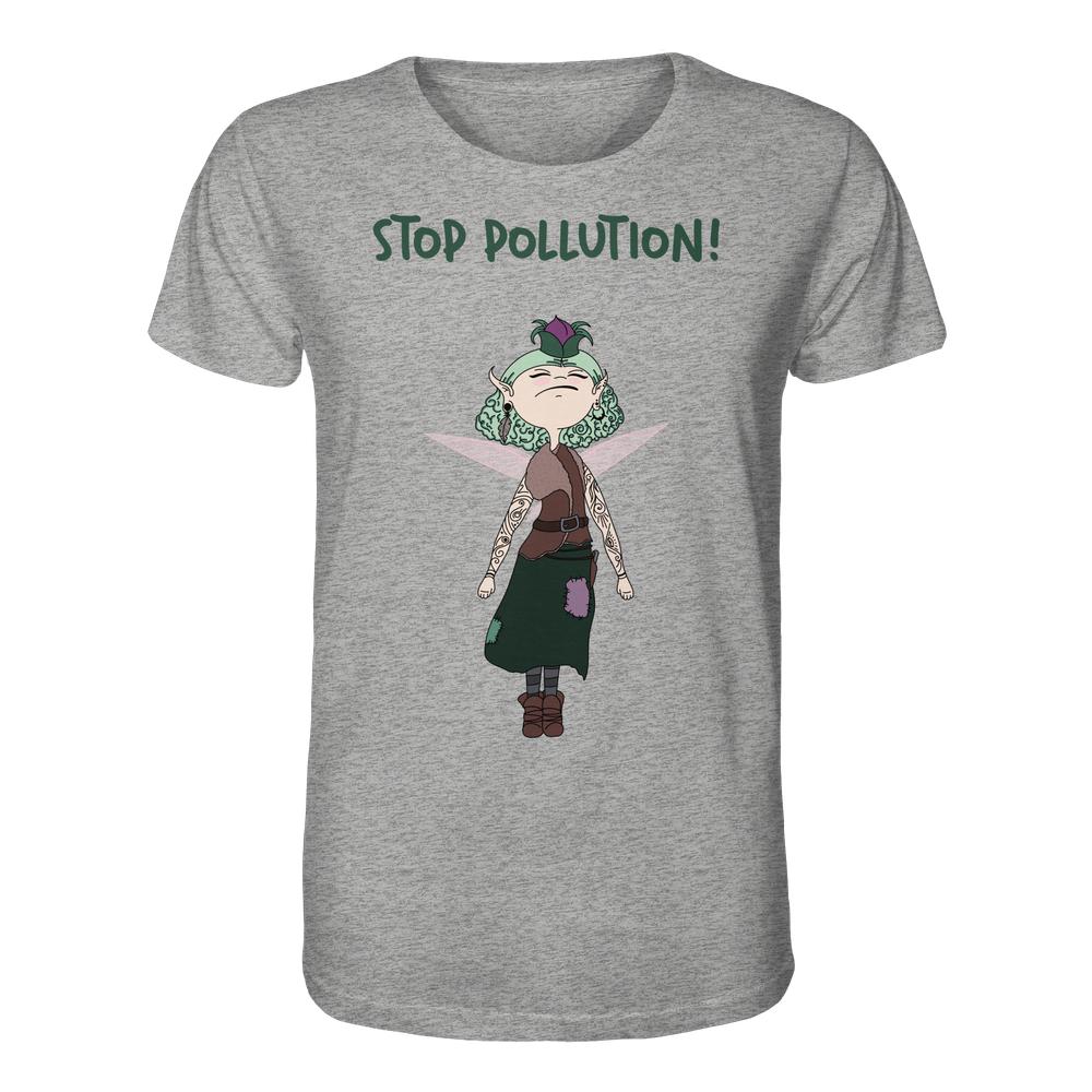 Vegan und Bio Unisex Shirt: STOP POLLUTION! - Krawall Fee zeigt eine schwebende Fee mit grünen Haaren und Tattoos, die Umweltbewusstsein verkörpert.