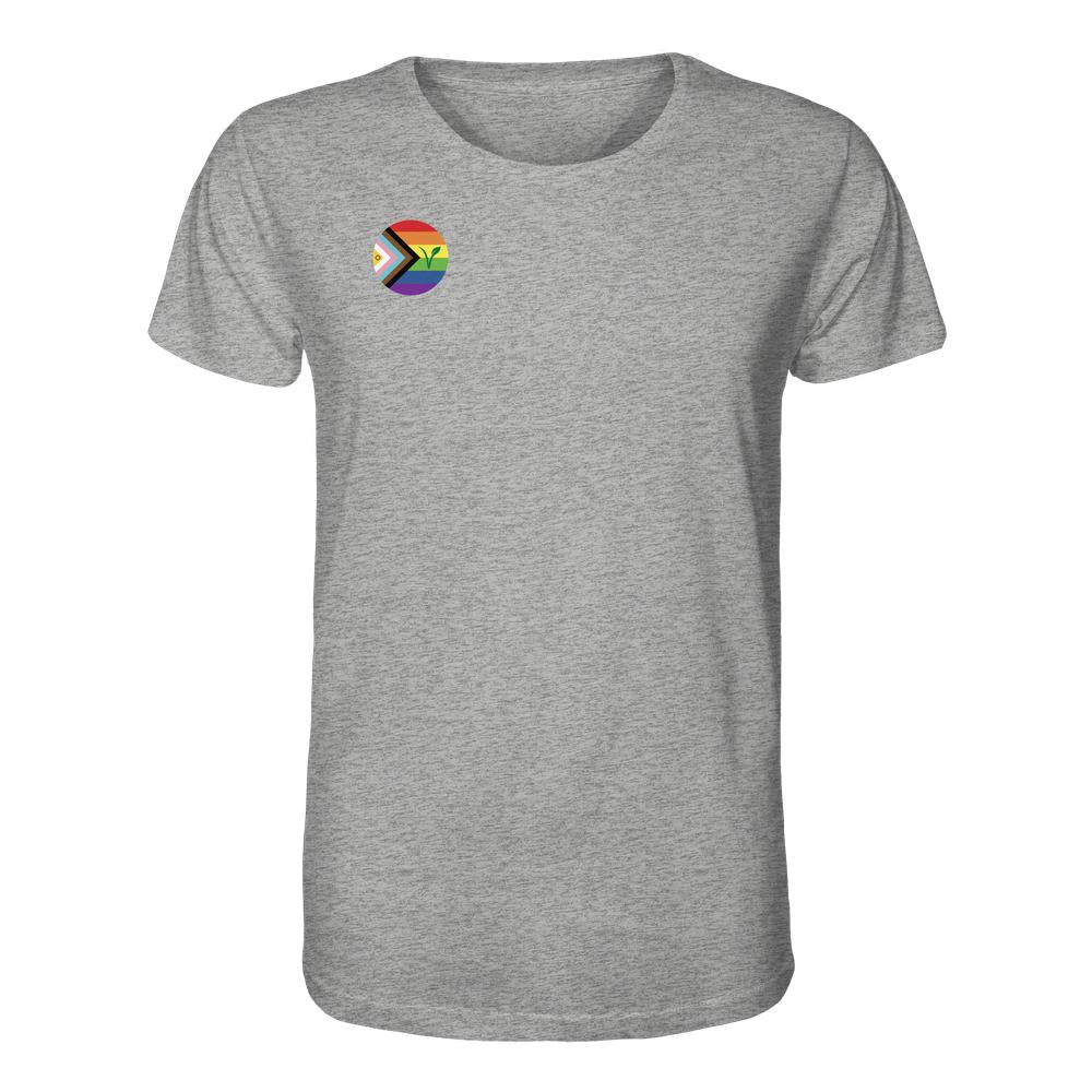 Vegan und Bio Unisex Shirt: LGBTQIA+ VEGAN, heather-graues T-Shirt mit Rundhalsausschnitt, links ein progressives Regenbogen-Logo. Aus 100 % Bio-Baumwolle.