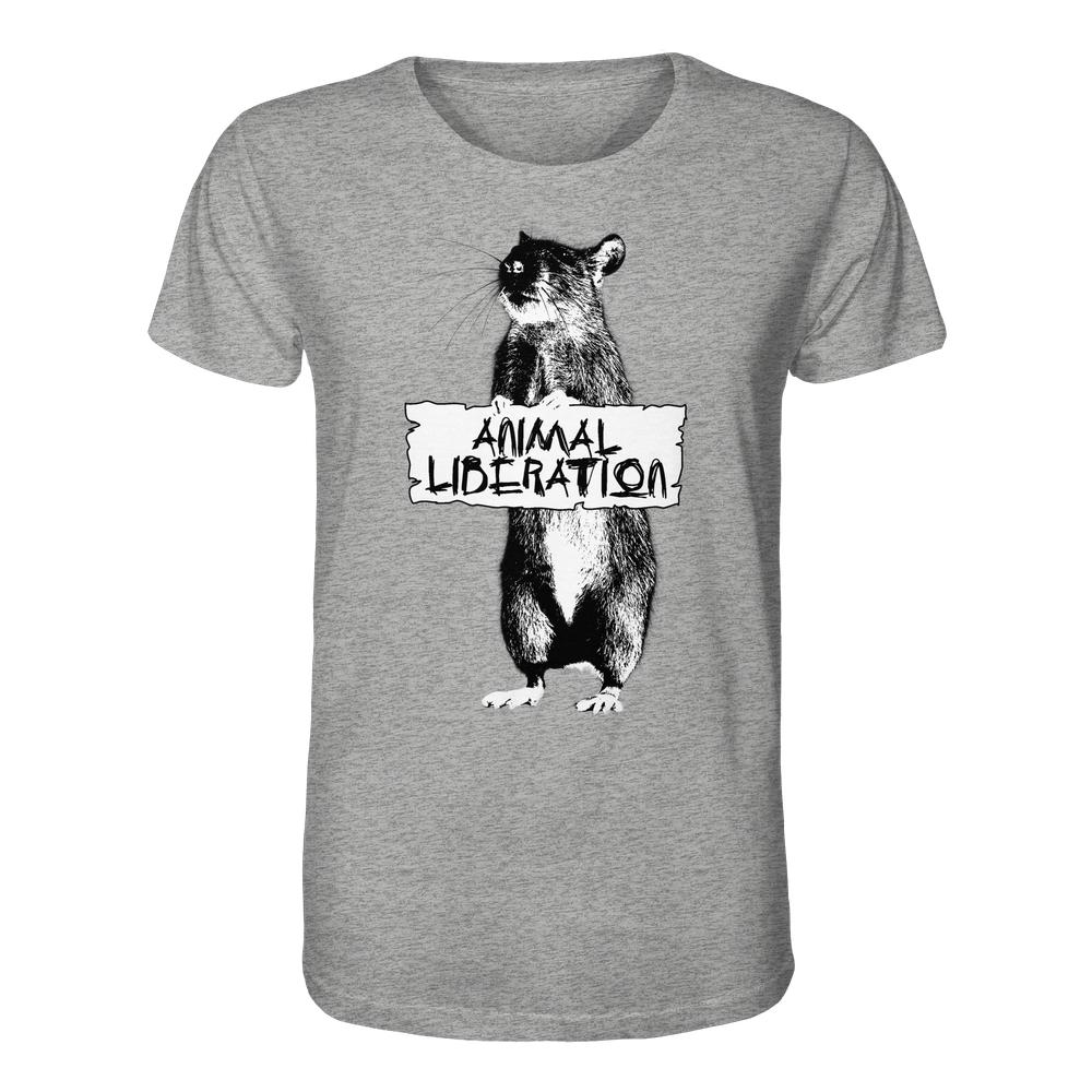 Vegan und Bio Unisex Shirt: Rat for Animal Liberation, ein heather-graues T-Shirt mit Ratten-Illustration und ANIMAL LIBERATION-Schild, inspiriert von Banksy's Street Art.