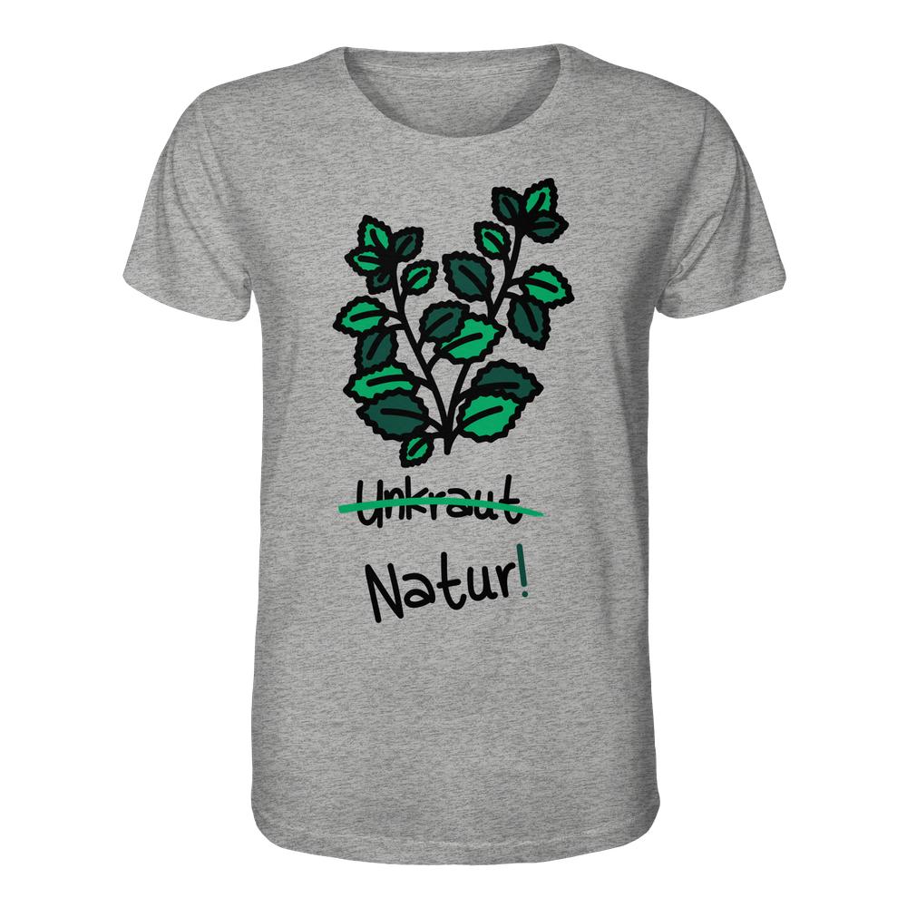 Vegan und Bio Unisex Shirt: Brennnessel - Naturschutz, graues T-Shirt mit Pflanzenmotiv und Text Unkraut durchgestrichen, darunter Natur! in handgezeichneter Schrift, 100% Biobaumwolle.
