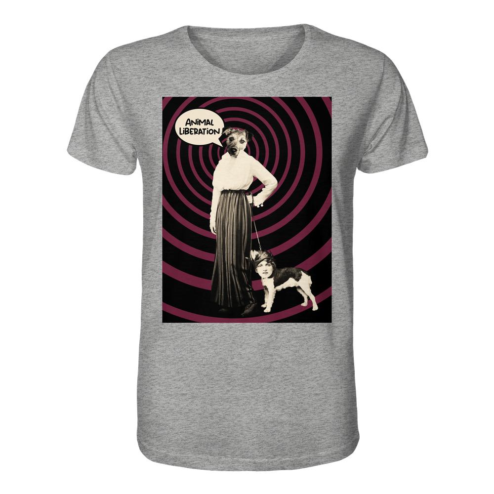 Vegan und Bio Unisex Shirt: Upside Down - Animal Liberation zeigt eine surreale Collage mit Tier-Menschen-Motiven und Animal Liberation-Sprechblase, inspiriert von Tierrechtsgedanken.