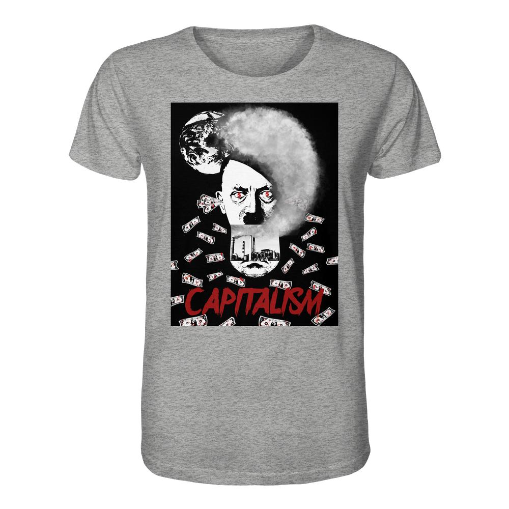 Heather-graues Damen-T-Shirt mit surrealistischem, politischem Grafikdruck: Hitlers Kopf als Fabrik, schwebende Dollar-Scheine, roter CAPITALISM-Schriftzug. Provokantes Statement für Kapitalismuskritik. Vegan und Bio Unisex Shirt: Capitalism vs. Earth - The Money Game.